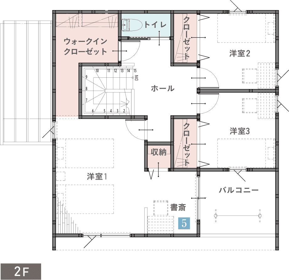 CASE1 2階間取り図。洋室3部屋とウォークインクローゼット・書斎