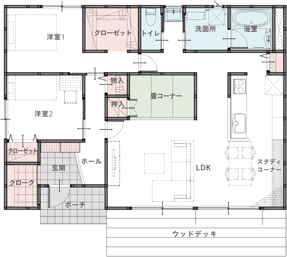 CASE2 平屋の間取り図。LDKと畳コーナー・ウッドデッキがつながる