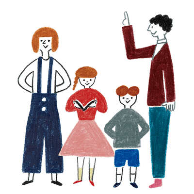 40代夫婦と小学生の子ども2人の4人家族のイラスト