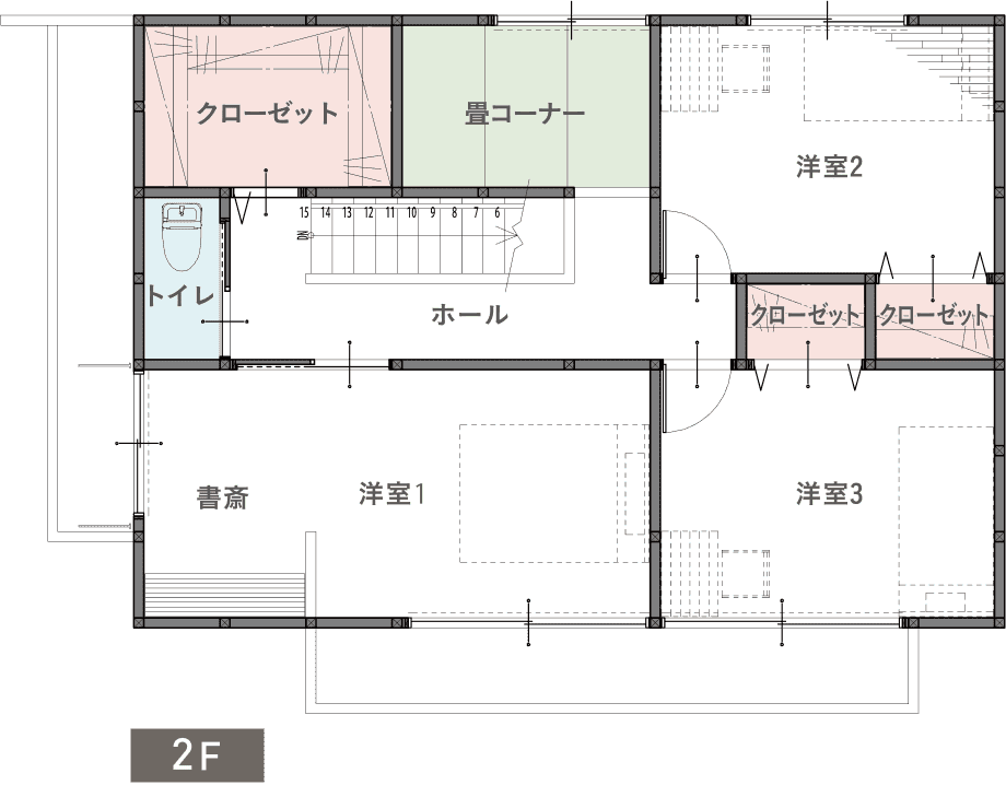 CASE3 2階間取り図。洋室3部屋と畳コーナー・書斎