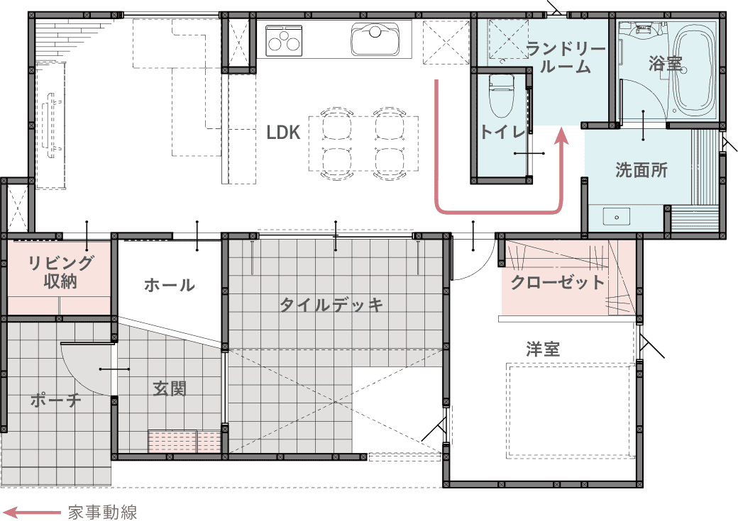 CASE4 平屋の間取り図。LDKとタイルデッキ・リビング収納