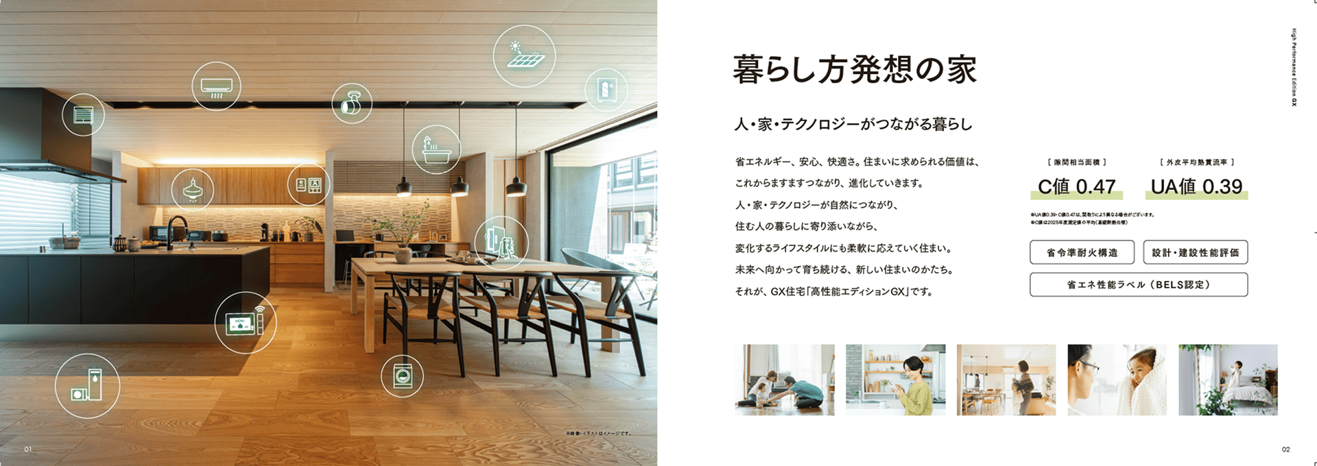 商品パンフレット「暮らし方発想の家」の誌面。C値0.47・UA値0.39などの性能値を掲載