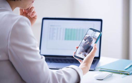 外出先からスマートフォンで自宅の防犯カメラを確認する女性