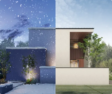 冬の雪景色と夏の青空、それぞれの季節の住まいの外観