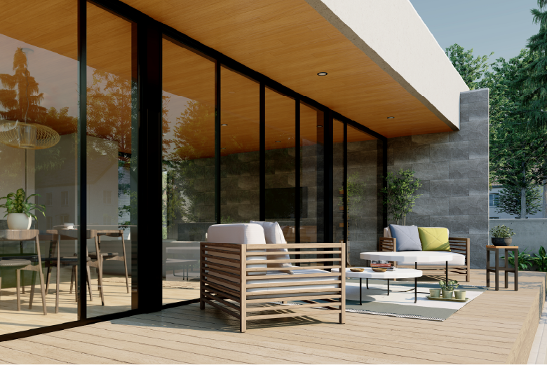 中庭やテラスと繋がった大きな軒下空間の画像