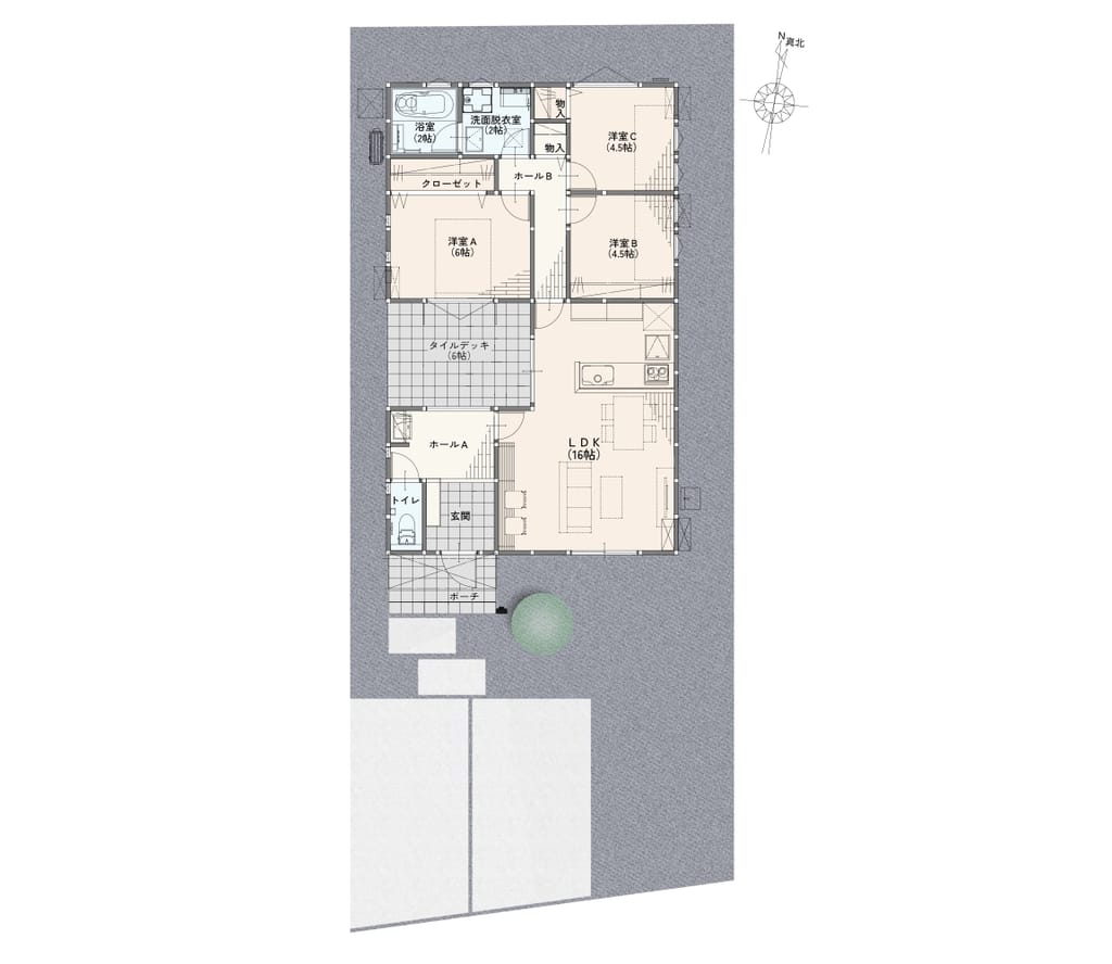伊勢山町 2期 No.1 平屋間取り図（LDK16帖 + 中庭タイルデッキ6帖）