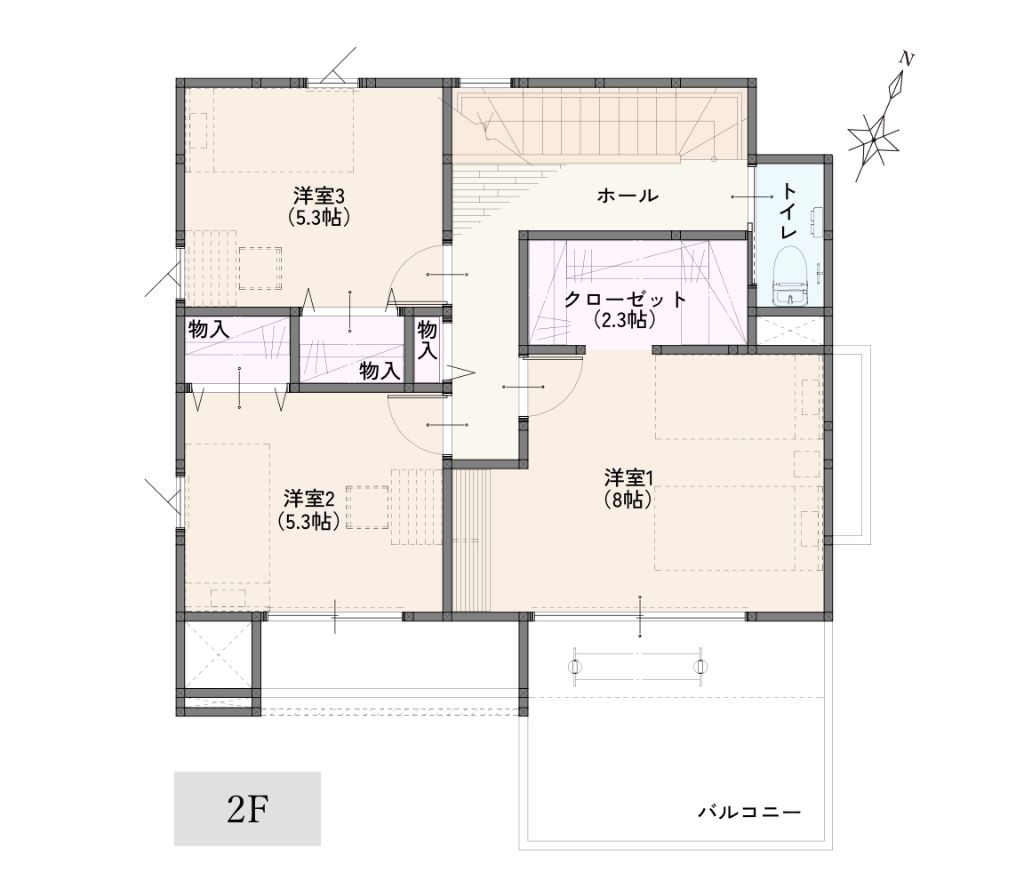 2F 間取り図：主寝室・洋室2部屋・クローゼットの配置